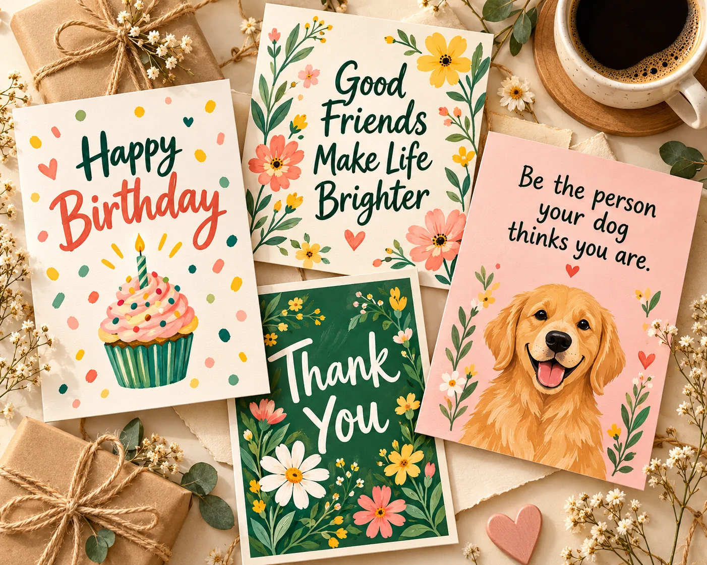 Printable Happy Birthday, Thank You, friendship and dog-lover cards on a cream table with kraft gift boxes