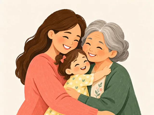 Mother, grandmother and child hugging
