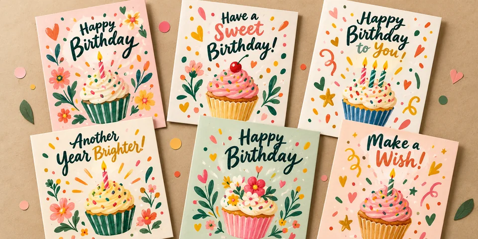 Six printable Happy Birthday cards with cupcakes on kraft paper