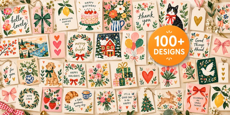 Grid of over 100 printable card designs