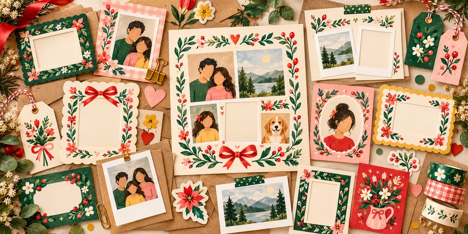 Photo collage and frame templates on kraft paper